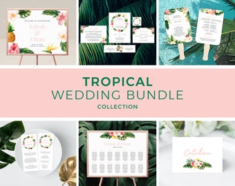 Tropical Wedding Bundle Template, Seating Chart, Beach Wedding Invitation, Wedding Program, Welcome Sign, Hawaii Wedding | INSTANT DOWNLOAD