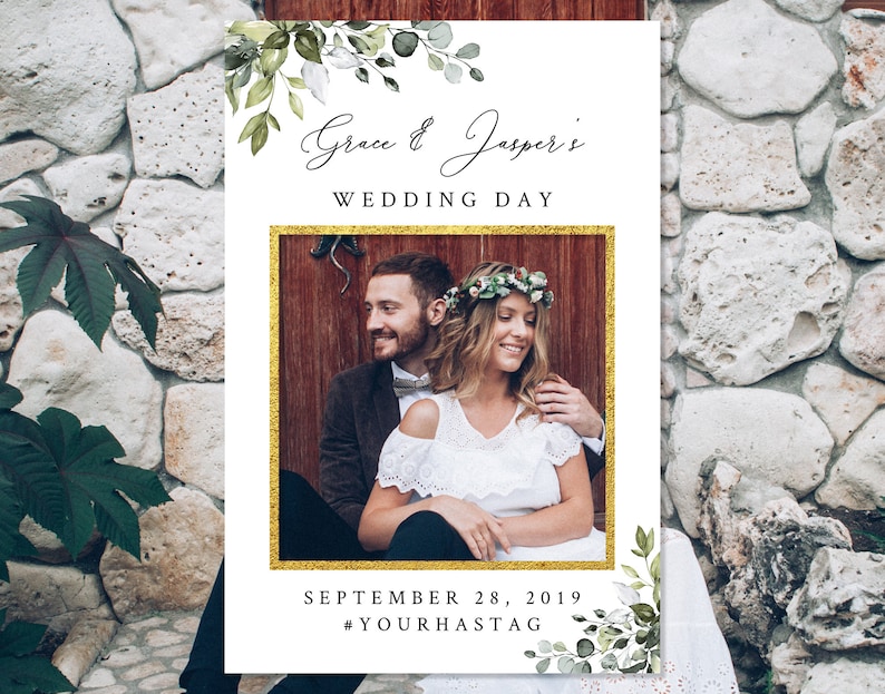 Printable Photo Booth Frame Greenery Wedding Selfie Frame Template Instant Download Rustic Wedding Photo Booth Props Boho Editable Backdrops Props Party Decor