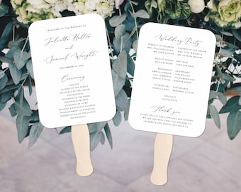 Può includere: Un ventaglio bianco di programma di cerimonia di matrimonio con un manico di legno. Il lato anteriore presenta i nomi "Juliette Halton" e "Samuel Wright" con la data "28 settembre 2010". Il retro elenca la festa di matrimonio e include il testo "Grazie".