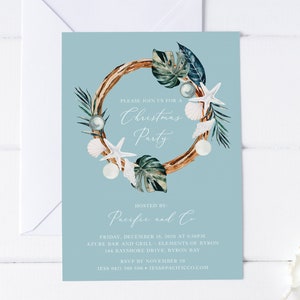 May include: A blue invitation with a watercolor wreath of seashells, starfish, and palm leaves. The text reads "Please join us for a Christmas Party, Hosted by Pacific and Co. Friday, December 18, 2020 at 6:30 PM, Azure Bar and Grill - Elements of Byron, 144 Bayshore Drive, Byron Bay, RSVP by November 20, Jess 0421 300 600, Jess@pacificco.com"