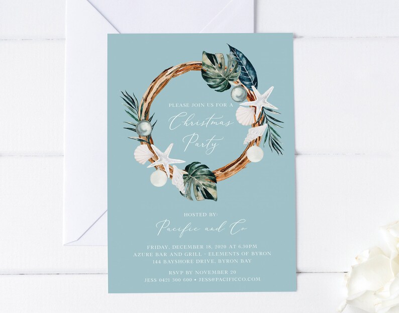 May include: A blue invitation with a watercolor wreath of seashells, starfish, and palm leaves. The text reads "Please join us for a Christmas Party, Hosted by Pacific and Co. Friday, December 18, 2020 at 6:30 PM, Azure Bar and Grill - Elements of Byron, 144 Bayshore Drive, Byron Bay, RSVP by November 20, Jess 0421 300 600, Jess@pacificco.com"