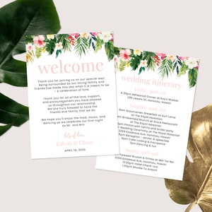 Modèle d'itinéraire de mariage tropical, Carte de bienvenue pour mariage sur la plage, Carte week-end de mariage, Pour événement de mariage, Insertion de carte pour mariage | TÉLÉCHARGEMENT IMMÉDIAT