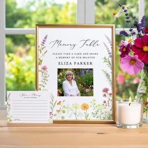 Placa de mesa para memórias de funeral, cartão de memórias de funeral, modelo, celebração da vida no jardim, memorial no jardim, compartilhe uma memória | DOWNLOAD INSTANTÂNEO