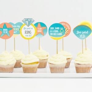 Beach Bridal Shower Cupcake Toppers, Beach Bachelorette Party Cake Topper, Tropical Hens Night, Printable | INSTANT DOWNLOAD