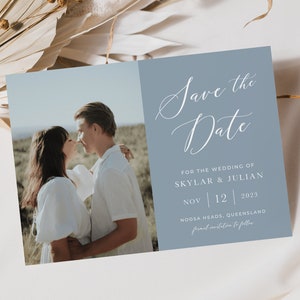 Dusty Blue Save the Date Card Template, Minimalist Save the Date Photo Card, Beach Save the Date, moderne Küstenkarte | SOFORTIGER DOWNLOAD