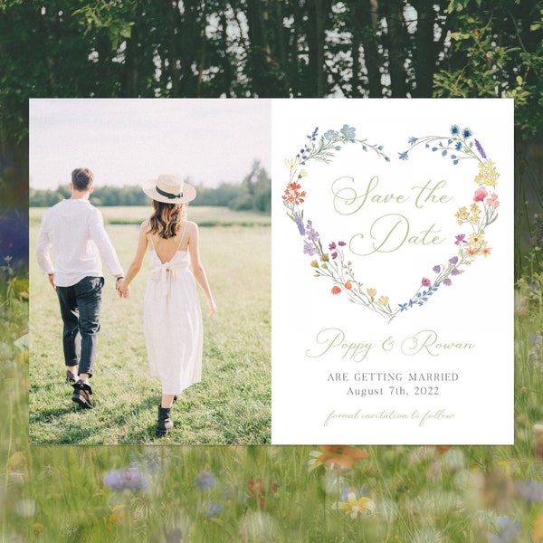 Wildflower Save the Date Photo Card Template, Cottagecore, Garden Wedding | INSTANT DOWNLOAD