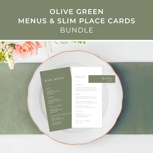 Olivgrünes Hochzeitsmenü-Bundle, olivgrüne Tischkarten, modernes Hochzeitsmenü, Menü mit Namensschildern, dünne Karten | SOFORTIGER DOWNLOAD