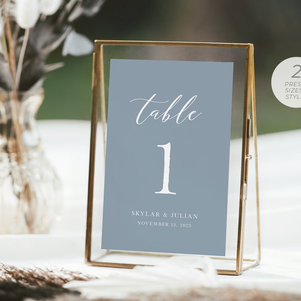 Dusty Blue Table Number Card Template, Minimalist Table Number Cards, Modern Table Sign, Beach Table Number, Calligraphy | INSTANT DOWNLOAD
