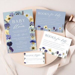 Paquete plantilla de invitación de baby shower floral azul, invitación de baby shower para niño, libros para tarjeta de bebé, flores prensadas / DESCARGA INSTANTÁNEA