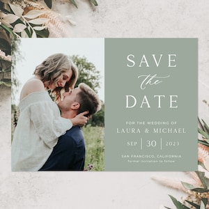 Saliegroen Save the Date-kaartsjabloon, minimalistische Save the Date-fotokaart, rustieke bruiloft, tuin, modern, elegant | DIRECT DOWNLOADEN