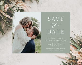 Sage Green Save the Date Card Template, Minimalist Save the Date Photo Card, Rustic Wedding, Garden, Modern, Elegant | INSTANT DOWNLOAD