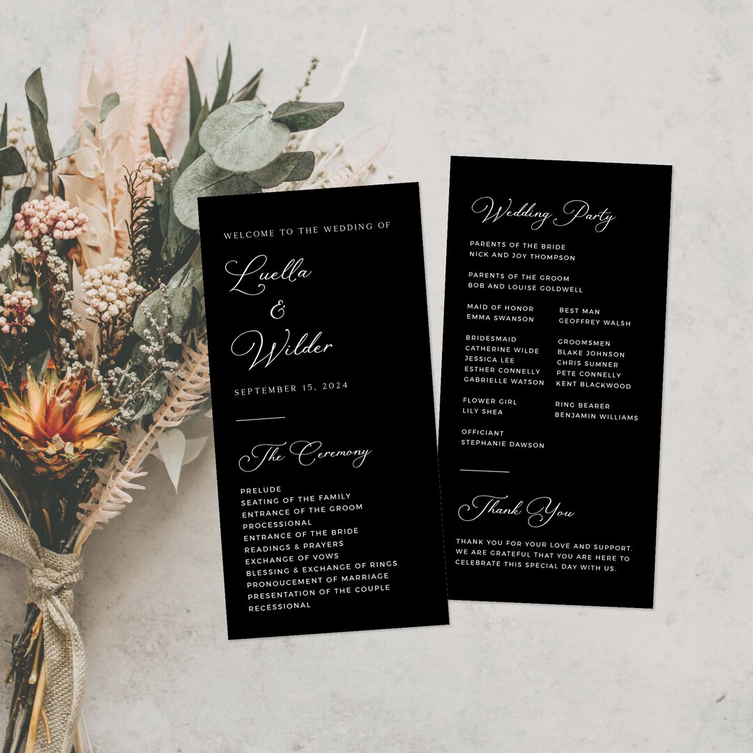 Black Wedding Program Template, Elegant Wedding Program, Minimalist ...