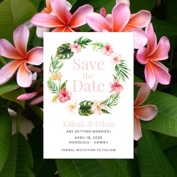 Modèle de carte Tropical Save the Date, plage Save the Date, mariage tropical, mariage à Hawaii, palmier, fleurs tropicales | TÉLÉCHARGEMENT INSTANTANÉ