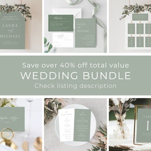 May include: A wedding stationery bundle with a green and white color scheme. The bundle includes a welcome sign, invitation, RSVP card, table number, and menu cards. The text on the welcome sign reads "Welcome to the wedding of Laura & Michael".