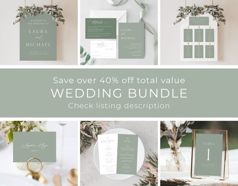 May include: A wedding stationery bundle with a green and white color scheme. The bundle includes a welcome sign, invitation, RSVP card, table number, and menu cards. The text on the welcome sign reads "Welcome to the wedding of Laura & Michael".