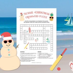 May include: Aussie Christmas crossword puzzle on white paper, featuring a beach theme. The puzzle has clues and a grid for answers. A snowman in sunglasses and a Santa hat is on the left. A pineapple in sunglasses is on the top right.