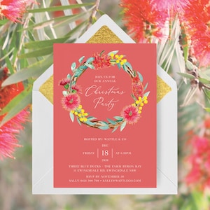 Native Flowers Christmas Party Invitation Template, Aussie Christmas Party, End of Year Party, Bottle Brush, Wattle | INSTANT DOWNLOAD