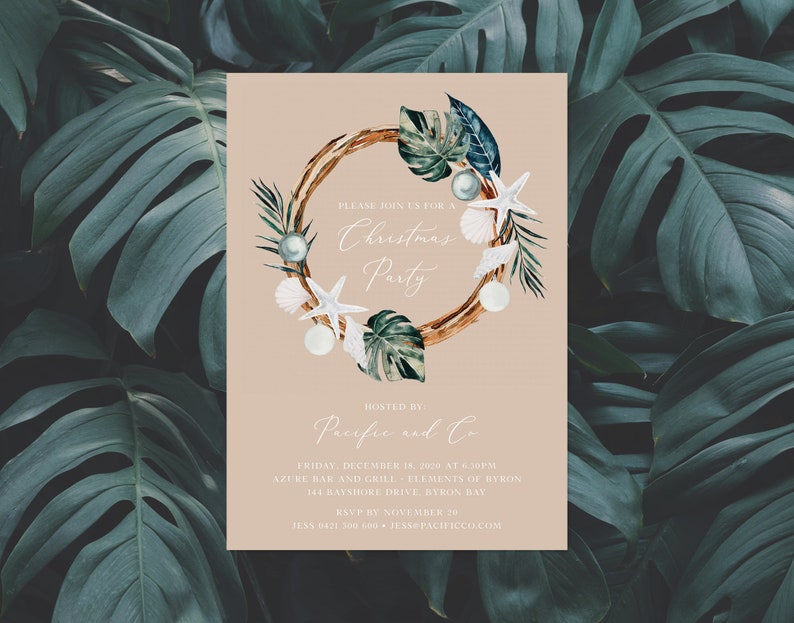 May include: A Christmas party invitation with a watercolor wreath featuring seashells, starfish, and tropical leaves. The invitation is for a party hosted by Pacific and Co. at Azure Bar and Grill in Byron Bay, Australia on December 18, 2020 at 6:30 PM.