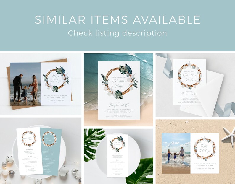May include: A set of six printable Christmas cards featuring a watercolor wreath with seashells, starfish, and palm leaves. The cards are perfect for a beach-themed holiday celebration.