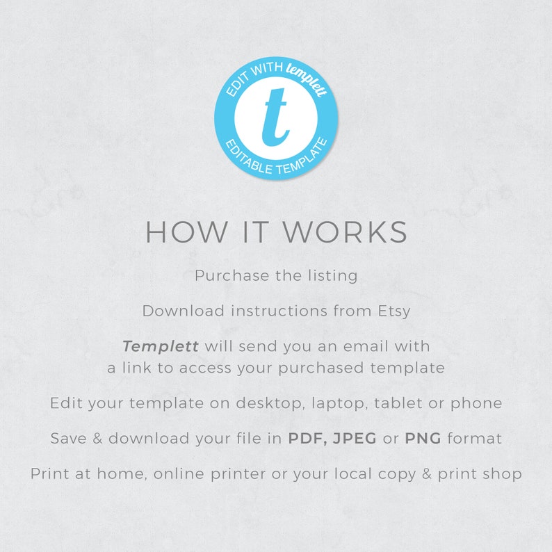 May include: A blue circle with the text "EDIT WITH templett EDITABLE TEMPLATE" and the letter "t" in the centre. The text "HOW IT WORKS" is below the circle. The text below explains how to purchase, download, edit, and print a template.