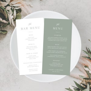 Peut inclure: Deux cartes de menu de mariage imprimables avec un schéma de couleurs vert et blanc. La carte du menu du bar liste le vin, les spiritueux, la bière et le cidre, ainsi que les cocktails signature. La carte du menu du dîner liste une entrée, un plat principal, un dessert, ainsi que les noms Laura & Michael avec la date 09.10.2023.