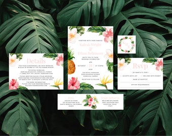 Tropical Wedding Invitation Template, Beach Wedding Invitation Template, Hawaiian Wedding Invitation, Tropical Flowers | INSTANT DOWNLOAD