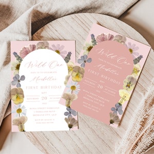 Pink 1st Birthday Invitation Template, Wild One, Floral First Birthday Invitation, Wildflower First Birthday | INSTANT DOWNLOAD