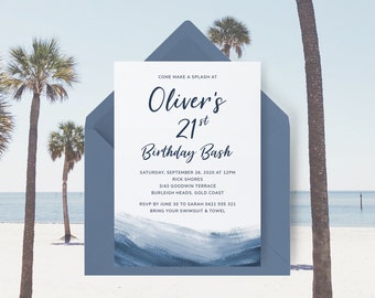 Beach Birthday Invitation Template, Mens Birthday Invitation, Pool Party Invitation, Summer Birthday Invitation, Editable | INSTANT DOWNLOAD