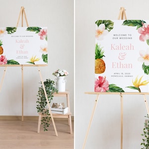 Tropical Wedding Welcome Sign Template, Tropical Wedding Sign, Beach Wedding Welcome Sign, Beach Engagement Party Sign | INSTANT DOWNLOAD