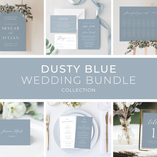 Dusty Blue Wedding Bundle Template, Minimalist Wedding, Beach Wedding Bundle, Dusty Blue Invitation, Menu | INSTANT DOWNLOAD