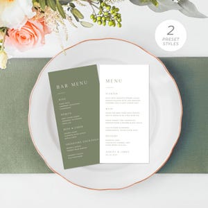 Olijfgroen trouwmenusjabloon, minimalistisch trouwmenu, barmenu, modern trouwmenu, bosgroen trouwmenu | DIRECT DOWNLOADEN