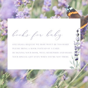Lavendelboeken voor babykaartsjabloon, boekaanvraagkaart, lavendelbabyshower, paarse babyshower, babybibliotheek | DIRECTE DOWNLOAD