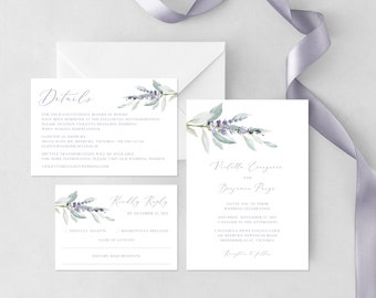 Plantilla de invitación de boda de lavanda, invitación de boda púrpura, invitación de boda lila, invitación rústica, descarga editable / INSTANTÁNEA