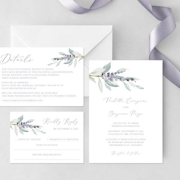 Lavender Wedding Invitation Template, Purple Wedding Invitation, Lilac Wedding Invitation, Rustic Invite, Editable | INSTANT DOWNLOAD