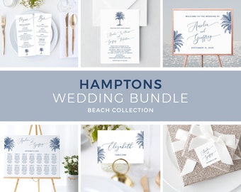 Può includere: Una suite di inviti di nozze a tema spiaggia. L'invito presenta un'illustrazione di palma blu e il testo "Together with their families Amelia and Geoffrey Request the honour of your presence at their wedding" e la data "September 12, 2020". La suite comprende anche un cartello di benvenuto, un piano di posti a sedere, una carta di numero di tavolo e un'etichetta di favore.