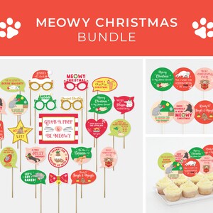 Cat Christmas Party Bundle, Cat Christmas Party Decorations, Cat Props, Cat Lover Gift, Meowy Christmas, Printable | INSTANT DOWNLOAD