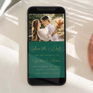 Emerald Green Save the Date Photo Card Template, Elegant Save the Date, Forest Green Save the Date, Evite, Calligraphy | DIGITAL DOWNLOAD
