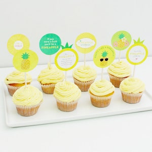 Pineapple Party Cupcake Toppers, Birthday Cake Topper, Hawaiian Luau Decorations, Tropical, Yellow, Printable | INSTANT DOWNLOAD