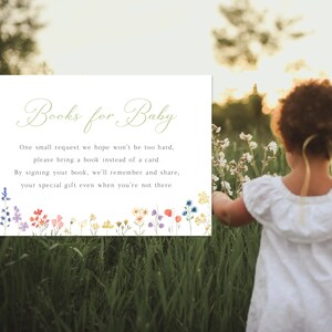 Livros de flores silvestres para cartão de bebê, cartão de solicitação de livro, chá de bebê, Cottagecore, editável | DOWNLOAD INSTANTÂNEO