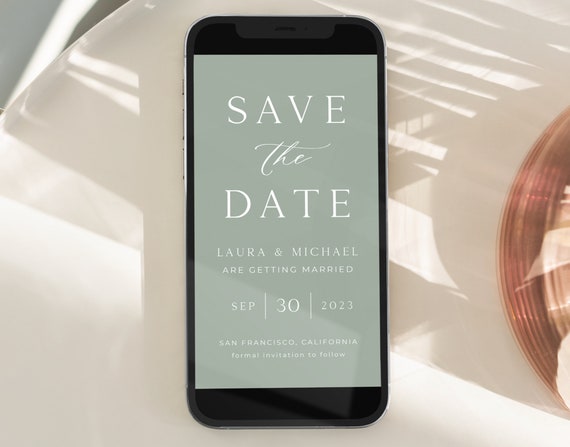 Digital Sage Green Save the Date Card Template, Minimalist Save the Date Card, Electronic Save the Date, Evite, Elegant | INSTANT DOWNLOAD