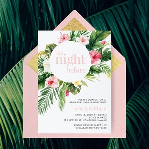 Plantilla de invitación a la cena de ensayo de boda tropical, la noche anterior a la invitación, invitación al ensayo de boda en la playa / DESCARGA INSTANTÁNEA