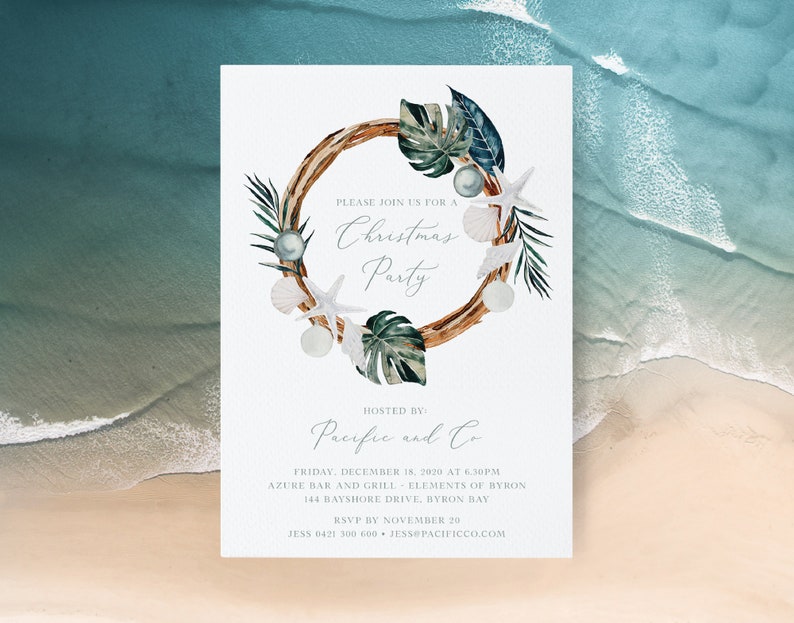 May include: A white invitation card with a watercolor illustration of a wreath made of driftwood, seashells, and tropical leaves. The text on the card reads "Please join us for a Christmas Party Hosted by Pacific and Co. Friday, December 15, 2020 at 6:30pm Azure Bar and Grill - Elements of Byron 144 Bayshore Drive, Byron Bay RSVP by November 20 Jess 0421 300 600 - jesse@pacificco.com"