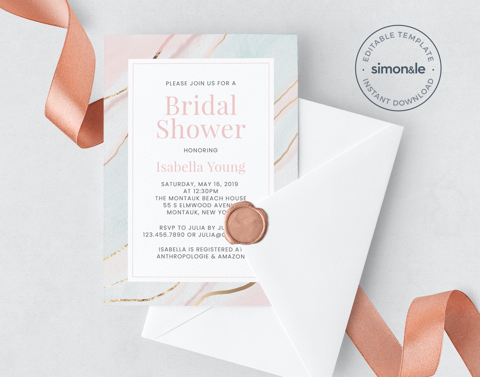 Bridal Shower Invitation Template, Beach Bridal Shower Invitation, Blush Bridal Shower Invitation, Ocean, Watercolor | INSTANT DOWNLOAD