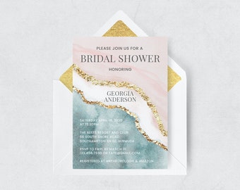 Bridal Shower Invitation Template, Beach Bridal Shower, Pink, Blush, Gold, Ocean, Watercolor, DIY, Editable, Printable | INSTANT DOWNLOAD