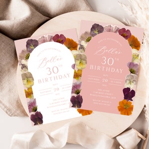 30th Birthday Invitation Template, Pink Floral Birthday Invitation, Flower Birthday, Pressed Flower, Boho Birthday Invite | INSTANT DOWNLOAD