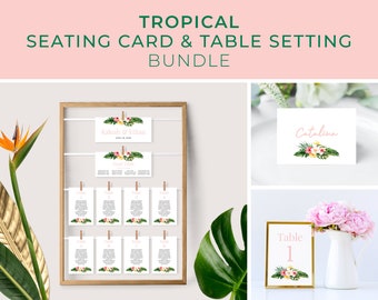 May include: Tropical themed wedding seating chart and table setting printable templates. The seating chart features a wooden frame with white cards that have tropical floral designs and the names of guests. The table setting includes a white card with a tropical floral design and the name "Catalina" and a table number card with the number "1" and a tropical floral design.