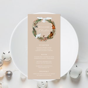 Modèle de menu de carte de Noël des animaux des bois, menu de dîner de Noël rustique, menu de nom d’invité, hibou, cerf, renard | TÉLÉCHARGEMENT INSTANTANÉ