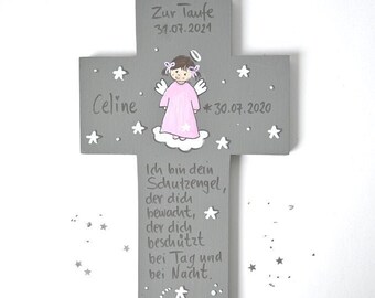 Taufkreuz Mädchen/ Taufgeschenk/ Kinderkreuz mit Psalm/ Schutzengelkreuz/ Kreuz/ Holzkreuz/ Taufgeschenk/ Patengeschenk bemaltes Kinderkreuz