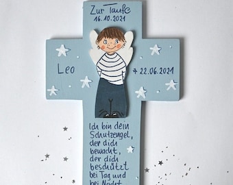 Taufkreuz 3D/Taufgeschenk Jungen/ Schutzengelkreuz für Jungen/ kreuz /Holzkreuz /Patengeschenk/ bemaltes Kinderkreuz/ zur Geburt für Jungen