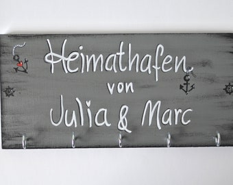 Schlüsselbrett  aus Holz mit Anker und Ruder/ personalisiert/ Schmuckbrett shabby/Heimathafen/ personalisiert/ Farbe nach Wahl/